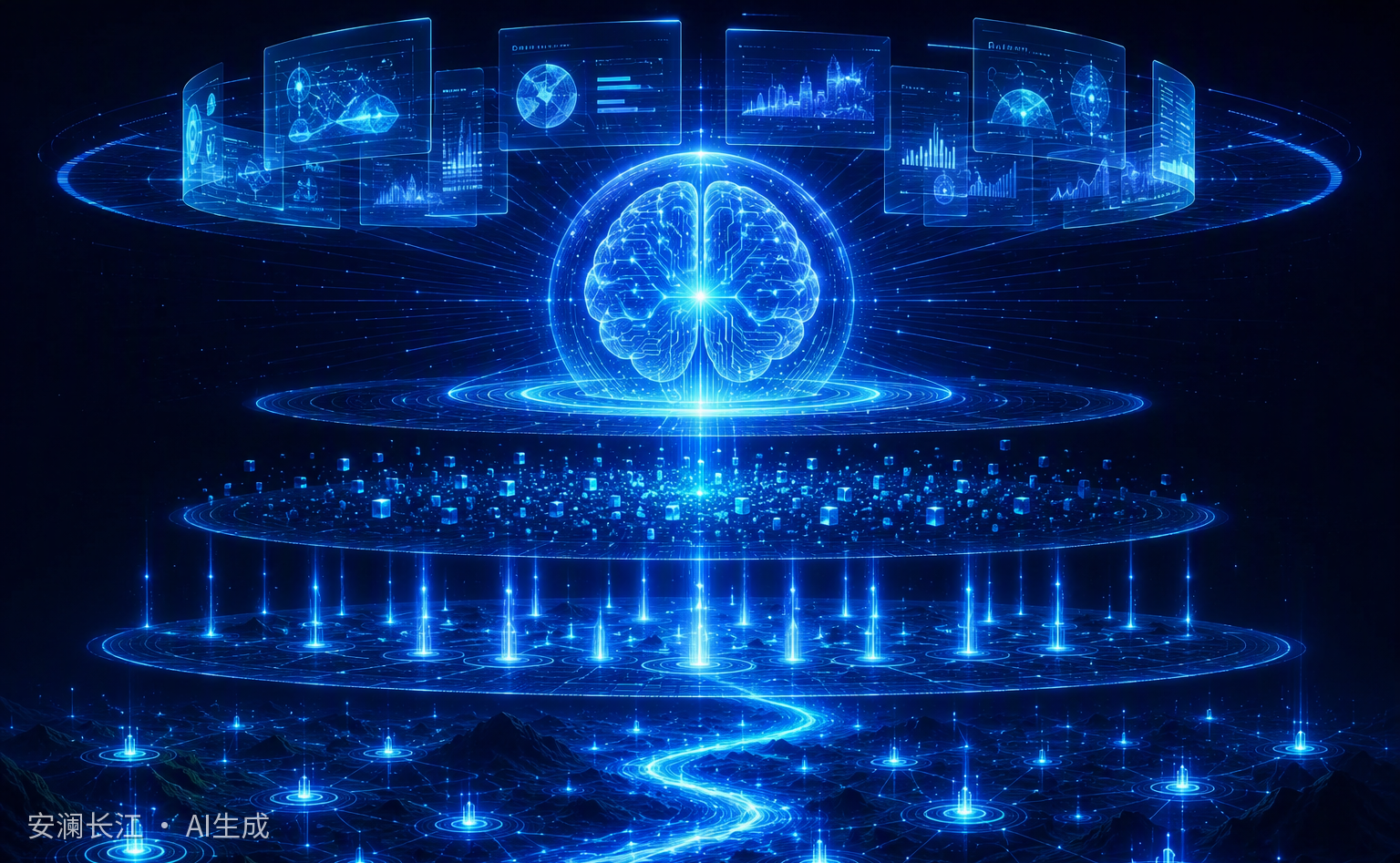 安澜长江 AI 全生态链五层架构示意图：感知层、传输层、数据层、AI 大脑、应用层 Five-layer architecture of the smart water ecosystem